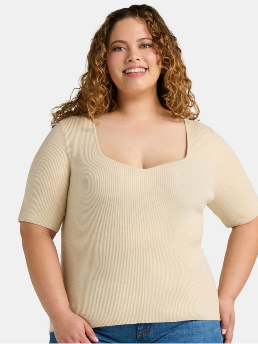 Terra & Sky Cream Ribbed Sweatheart Neck Short Sleeve Sweater